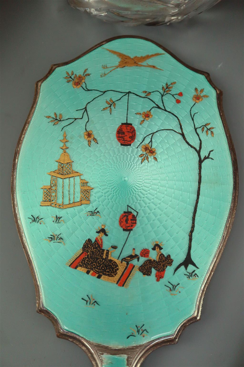A 1920s silver and gilded chinoiserie guilloche enamel eight piece dressing table set, by Adie Bros,